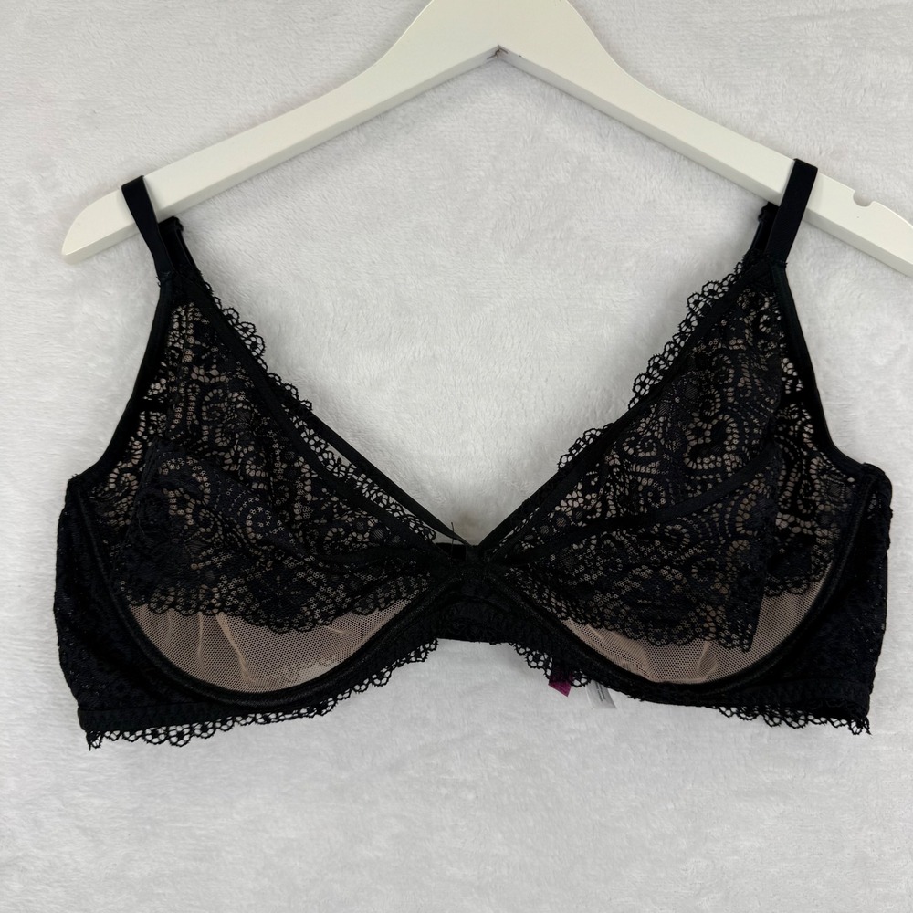 Adore Me‎ Black Floral Lace Underwire Bra 40DD Unlined Strappy BR-07783-PLU